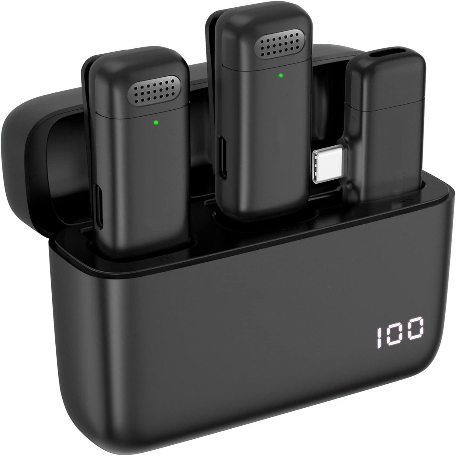 Wireless Charger - ไมโครโฟนไร้สายแบบหนีบปกเสื้อ 2 ชิ้น พร้อมกล่องชาร์จ, ช่องต่อ Type-C
